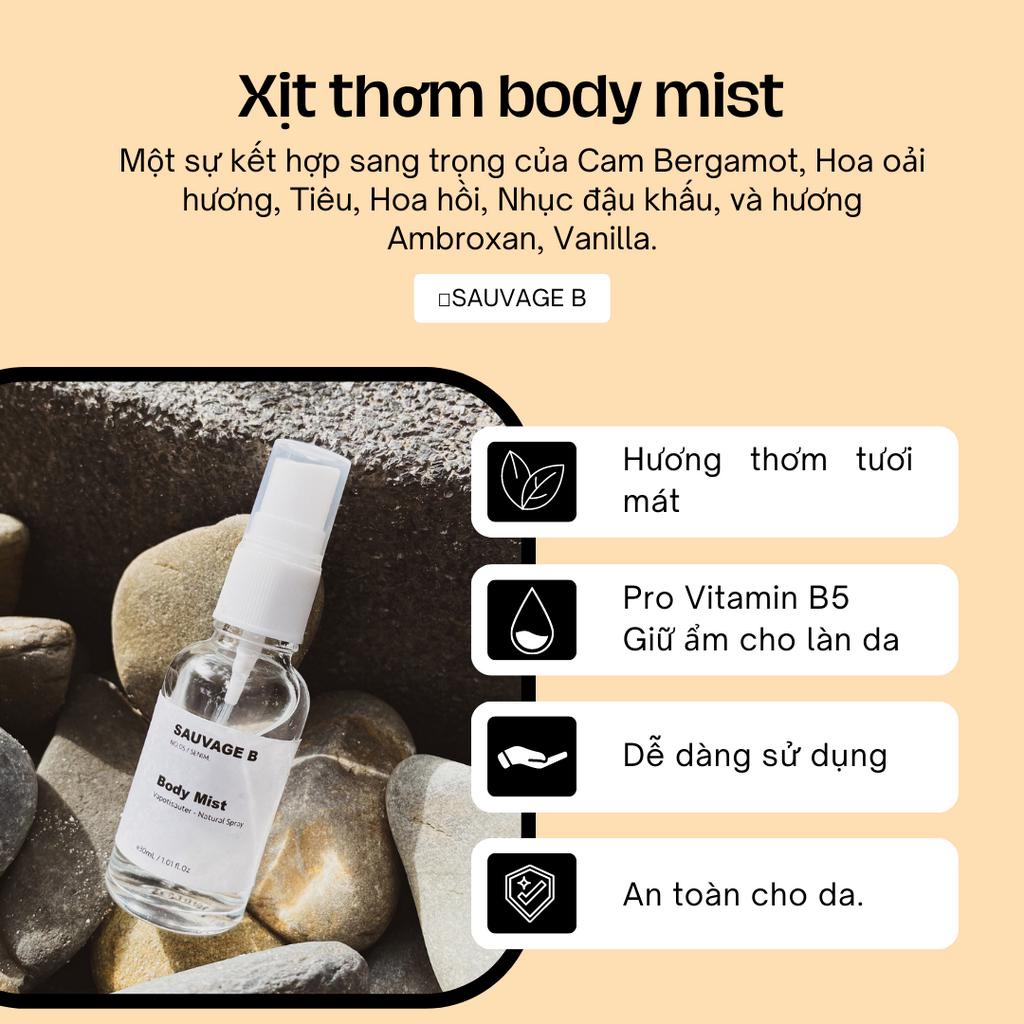 Body mist nam nữ hương nước hoa Sauvage B, xịt thơm body mist mini hương thơm sang trọng 30mL