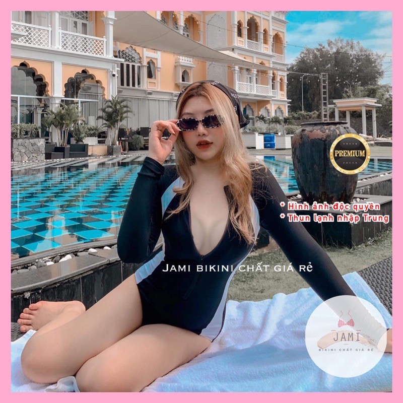 BIKINI MỘT MẢNH LIỀN THÂN BODY SUIT SỌC TRẮNG TAY DÀI DÂY KÉO SEXY CHẤT LƯỢNG CAO CÁP -  JAMI- MOM77