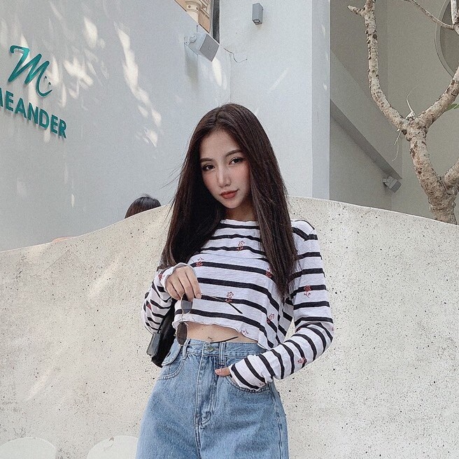 Áo Croptop Thun Cotton, Sọc Xanh Trắng , Tay Dài Siêu Cute Dành Cho Các Nàng, Dễ Dàng Phối Với Các Loại Quần Jeans