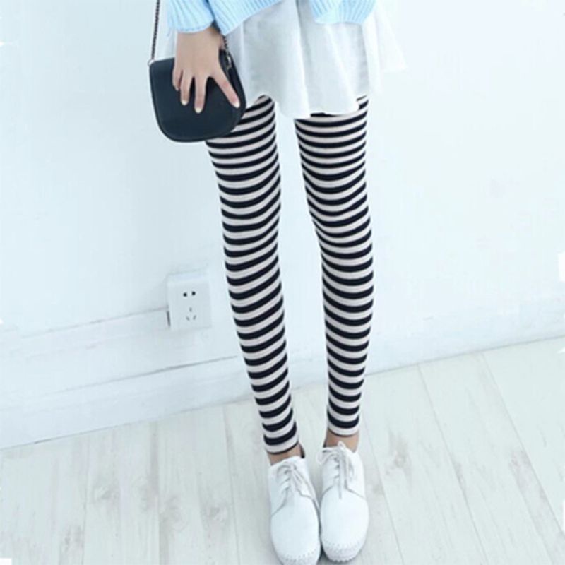Quần legging dài đến mắt cá chân họa tiết kẻ sọc trắng đen cho nữ