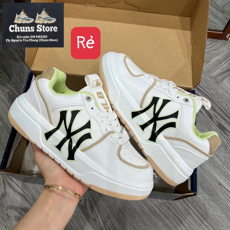 Giày MLB chunky Ofwhite x Mcqueen NY trắng kem vàng da nhăn cao cấp