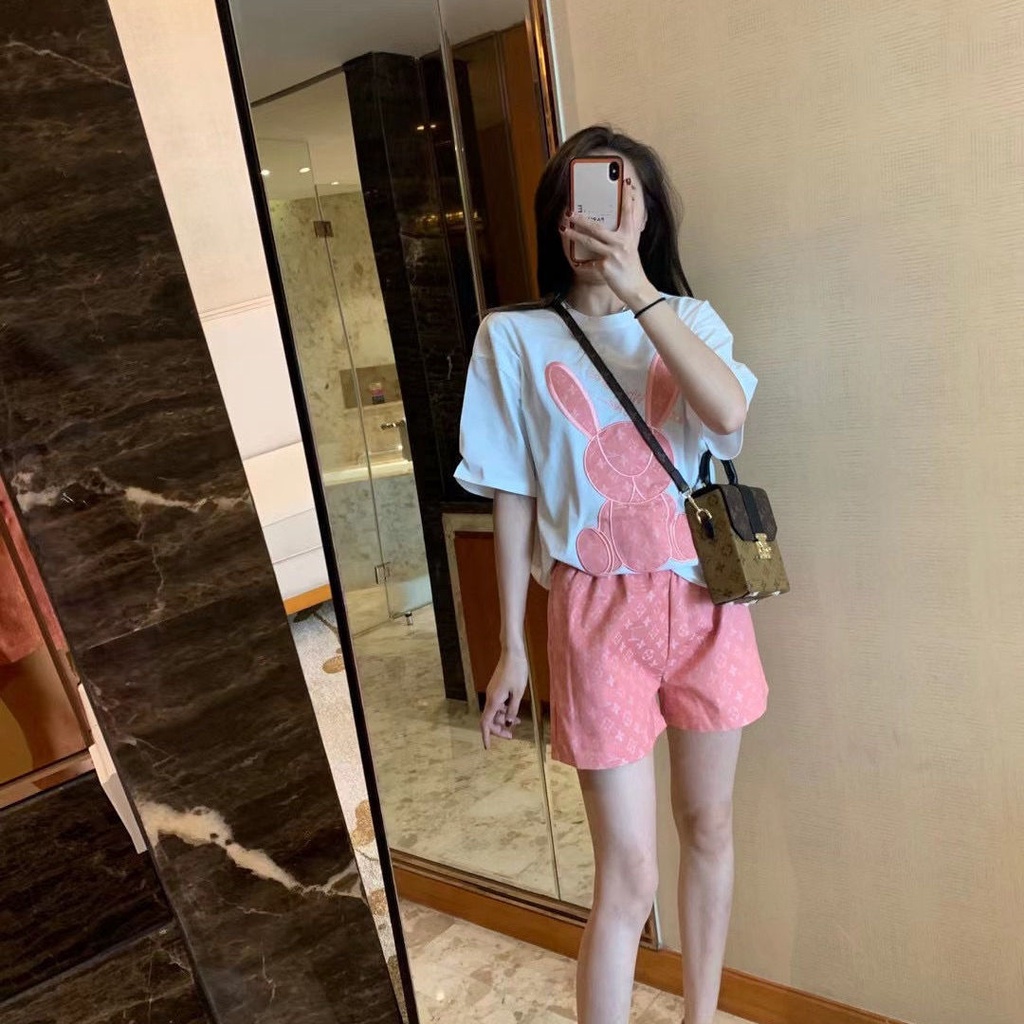 Set áo thun ngắn tay + quần short lưng thun ống rộng thời trang mùa hè Hàn Quốc có lẻ áo