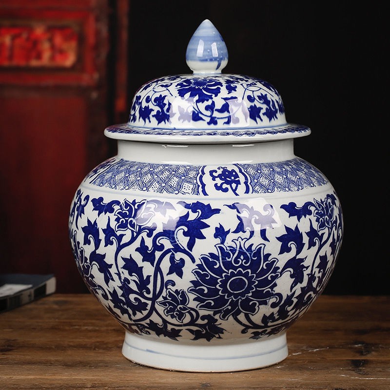 Thùng đựng gạo trắng xanh, hộp gạo, trà Jingdezhen bằng gốm sứ caddie, thuốc heo dầu 10 kg 15 20 đồ trang trí