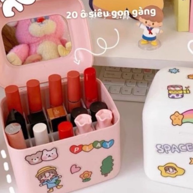 Hộp đựng son 20 ô kèm gương soi phong các Hàn Quốc, Tặng kèm sticker ( #hộp_đựng_son )