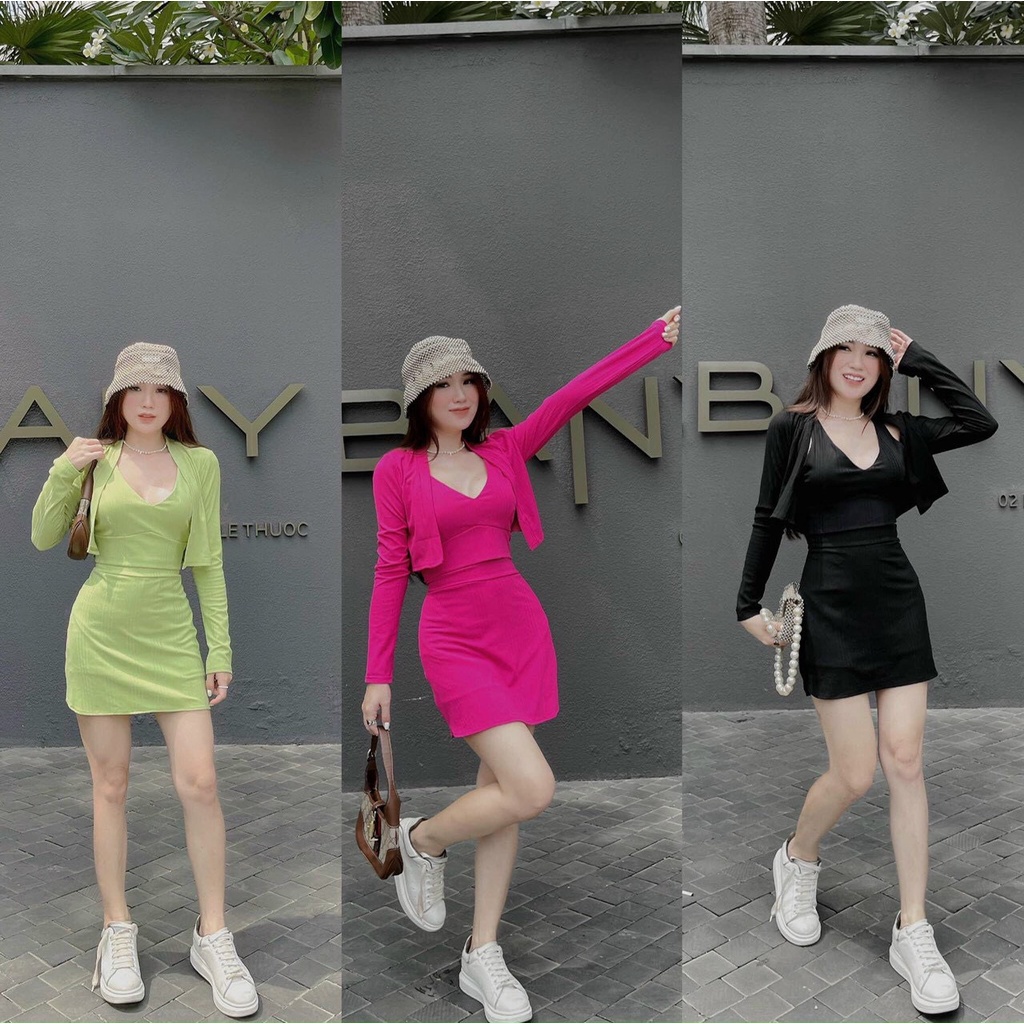 sét bộ váy 3 món y hình cv+áo trong+áo ngoài