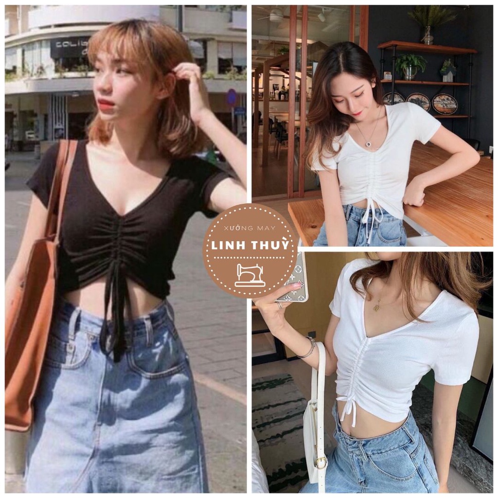 Áo Croptop Rút Dây Giữa Ngực CT29 Chất thun gân mịn kiểu dáng Ulzzang - Thun trơn cổ tim dúm ngực , cổ cộc tay ulzangnữ