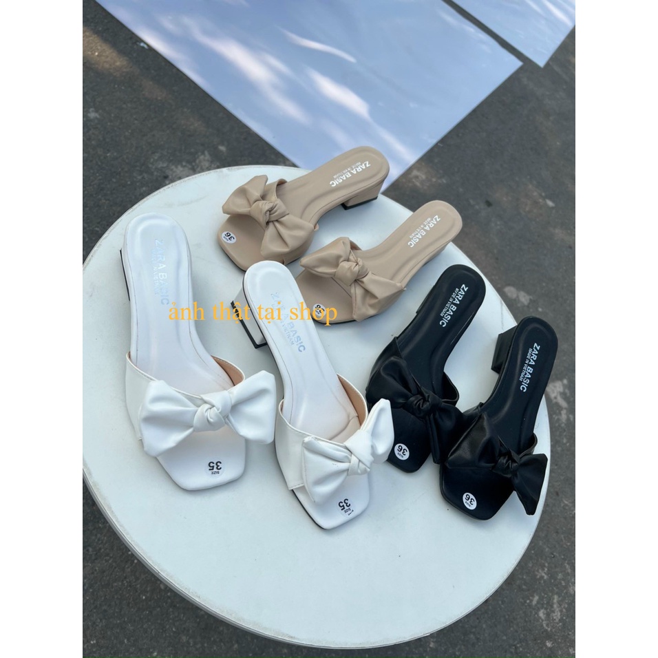 Dép guốc quai ngang nơ to gót trụ 3p mũi vuông, DD-294, Giaydepxinh.dangmi