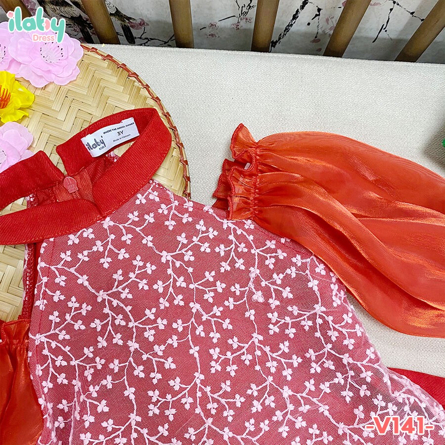 Váy bé gái ILABY giả áo dài tơ phối ren khoét vai màu đỏ vàng [V141] – ILABY >>> top1shop >>> shopee.vn
