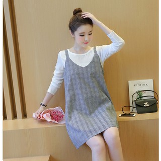 Váy bầu thu đông - Sét yếm kẻ sọc caro