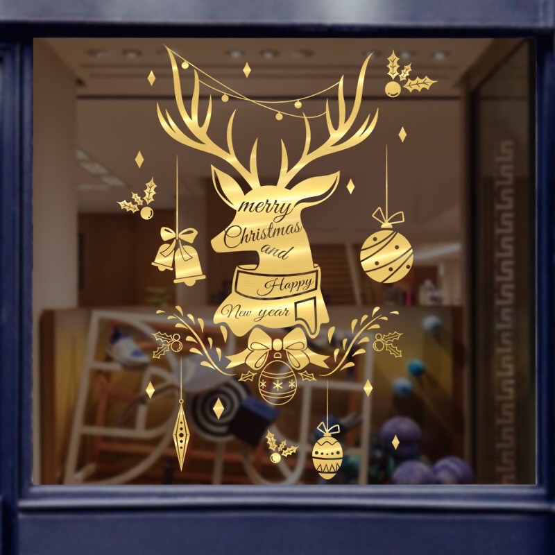 Decal trang trí Noel - Đầu Nai treo châu nhũ ánh vàng cao cấp