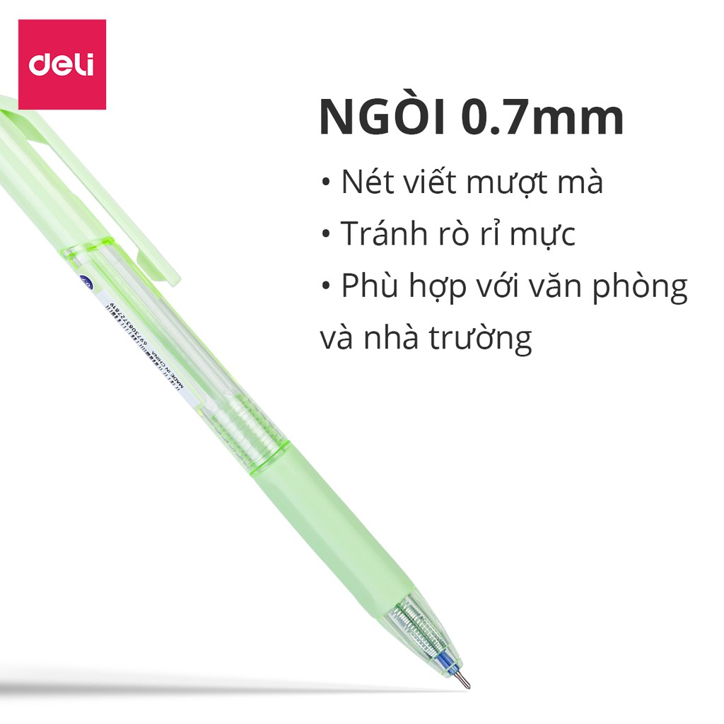 Bút bi bấm văn phòng mực xanh ngòi 0.7mm Deli giá rẻ viết nét đều trơn tru cho học sinh có đệm tay cao su EQ199