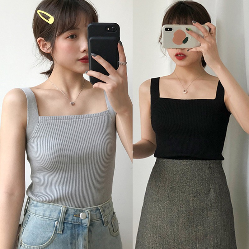 Áo Croptop Dệt Kim Nữ Sát Nách Cổ Vuông Màu Trơn Gợi Cảm