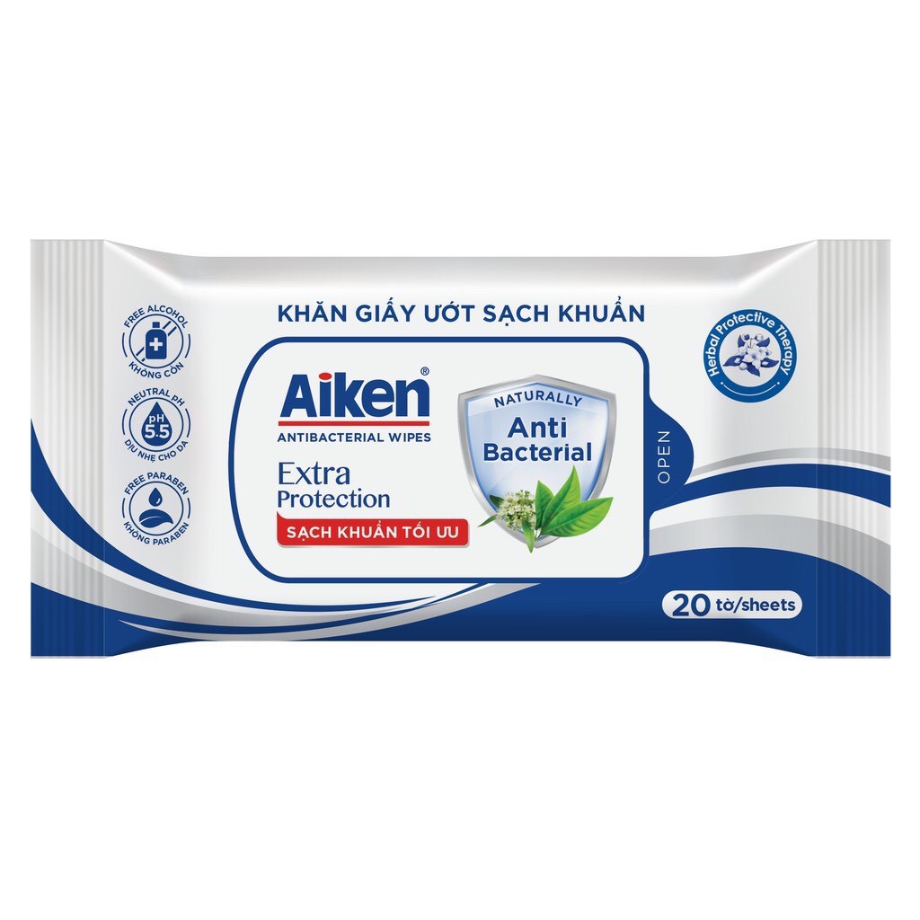 Khăn Ướt Sạch Khuẩn Aiken Chiết Xuất Trà Xanh 20 tờ