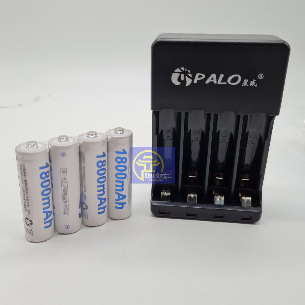 Combo gồm Sạc pin và 4 pin tiểu sạc Palo AA 1800mAh cho xe điều khiển, đồ chơi, chuột máy tính...