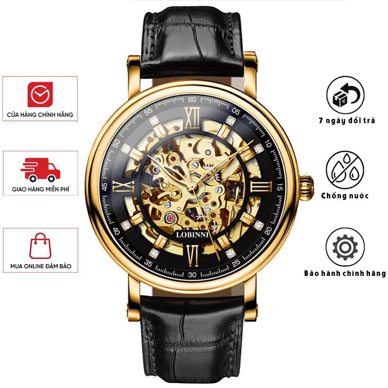 Đồng Hồ Nam LOBINNI No.9010-8 Chính Hãng BH 24T Chịu Nước 50m Kính Chống Xước Dây Da Cao Cấp (Máy Cơ Tự Động 40h)