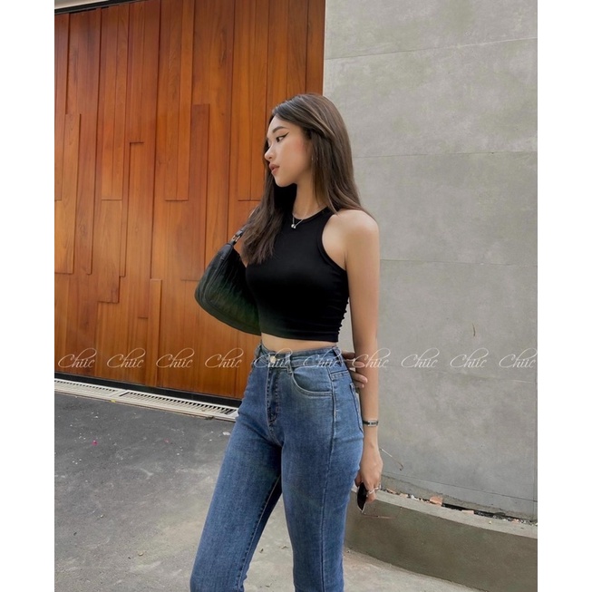 Quần Jean ống loe trơn lai cuốn