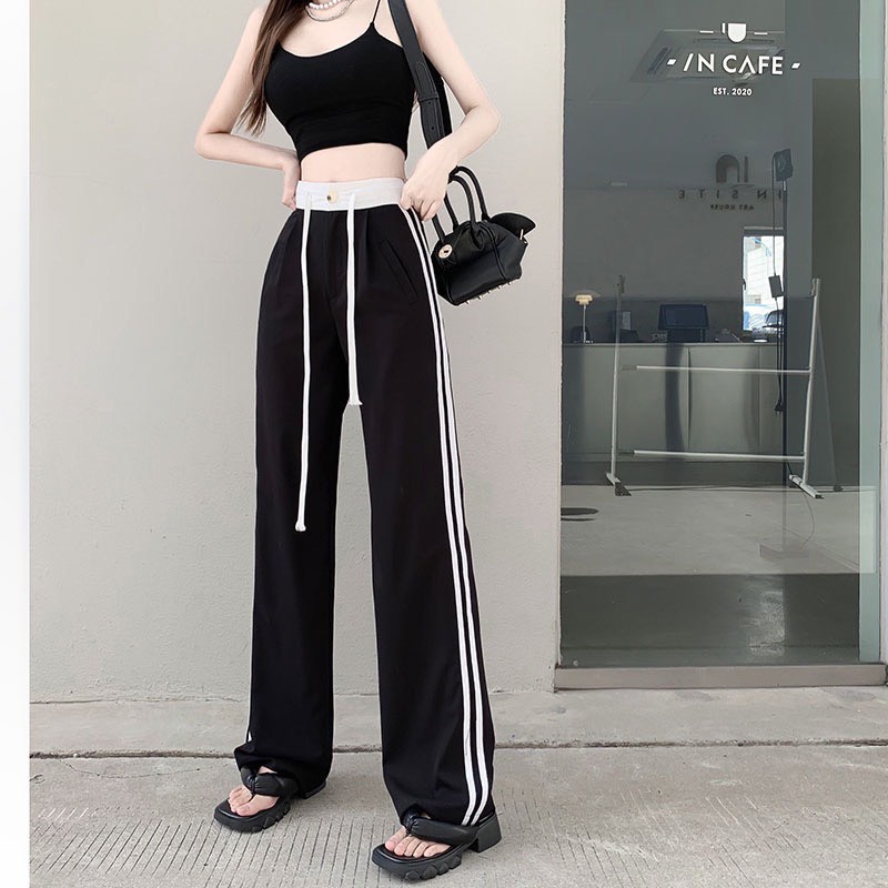 Quần Dài Thể Thao Nữ Dáng Rộng Cạp Cao Dây Rút Ống Suông Kẻ Sọc Thời Trang Sugal QUAN NU 040V8