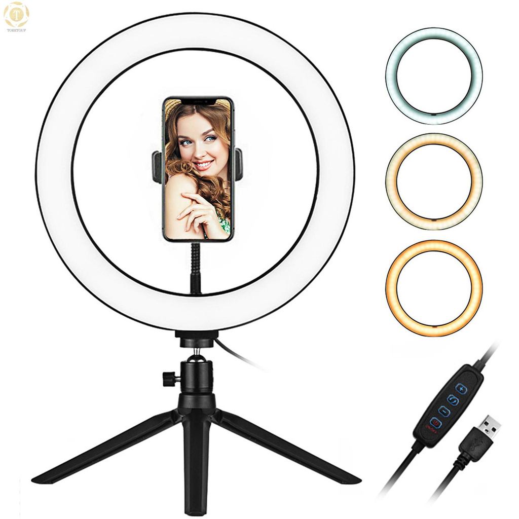 Shipped within 12 hours】 10 Inch LED Ring Light with Tripod Stand Phone Holder 3200K-5500K Dimmable Table Camera Light Lamp 3 Light Modes & 10 Brightness Level for YouTube Video Photo Studio Live Stream Portrait Makeup Photography Ring Light [TO]