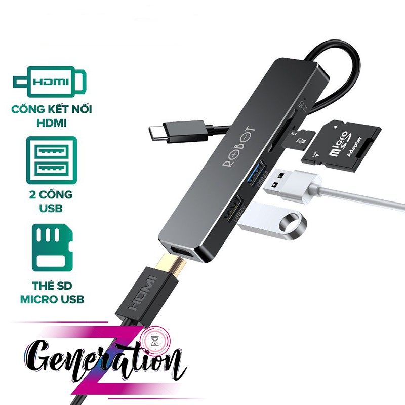 MULTIPORT HUB TYPE-C 5 IN 1 HT240Y - HUB CHUYỂN TYPE-C RA USB 3.0/HDMI/PD/SD/TF