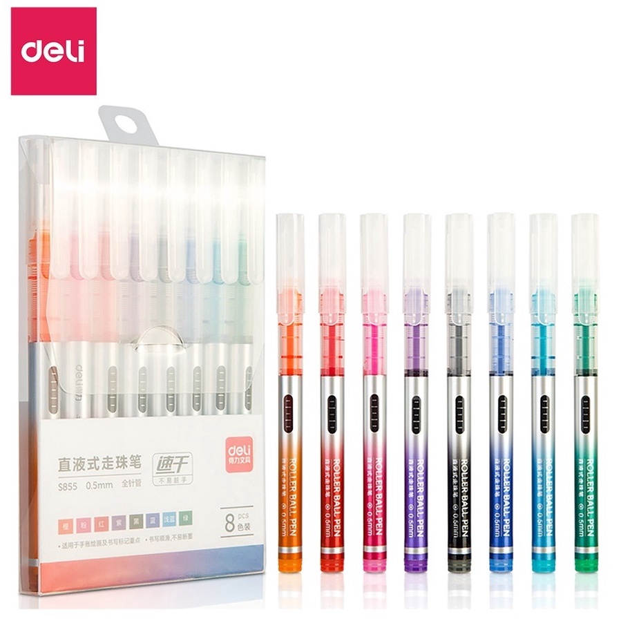 Bút gel nước nhiều màu ngòi 0.5mm I Bộ 8 cây bút lông kim 8 màu/hộp Deli S855 / S853