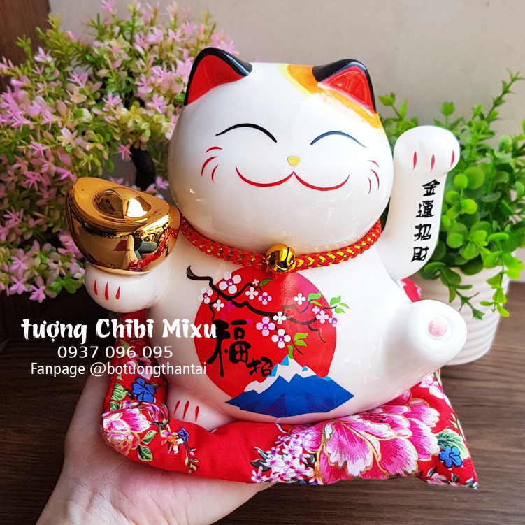 Mèo Thần Tài bằng sứ vẫy tay 16cm - đỉnh vàng may mắn tài lộc