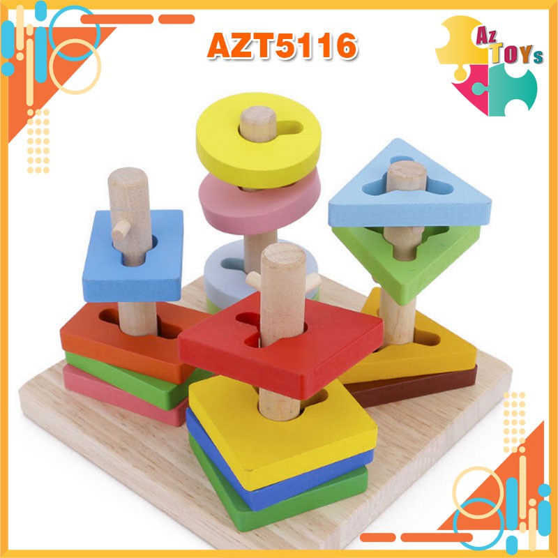 Đồ Chơi Gỗ Bộ Thả Hình Học 4 Trụ Montessori Cho Bé - AZT5116