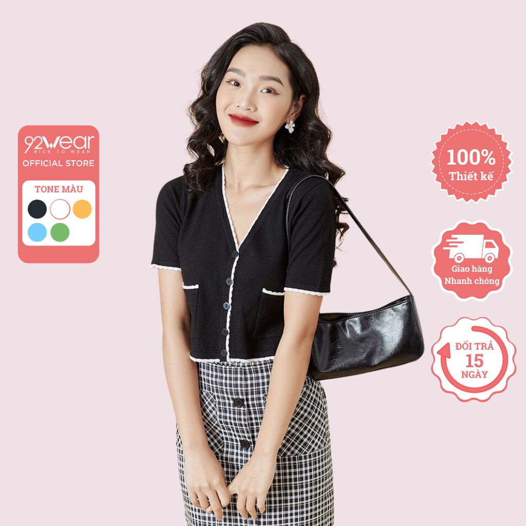 [Mã WABRH11 giảm 10% đơn 99K] Áo len nữ mỏng cổ tim 92WEAR ngắn tay túi 2 bên, thiết kế trẻ trung, hiện đại ALA0062