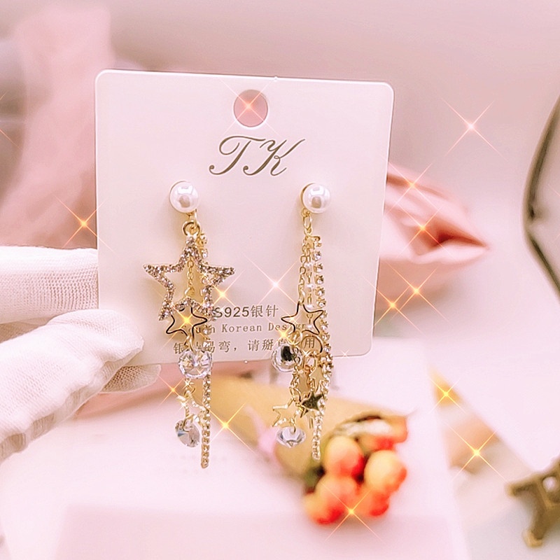 Khuyên Tai Tua Rua Dài Hình Ngôi Sao Năm Cánh Đính Ngọc Trai Sang Trọng Thời Trang Hàn Quốc