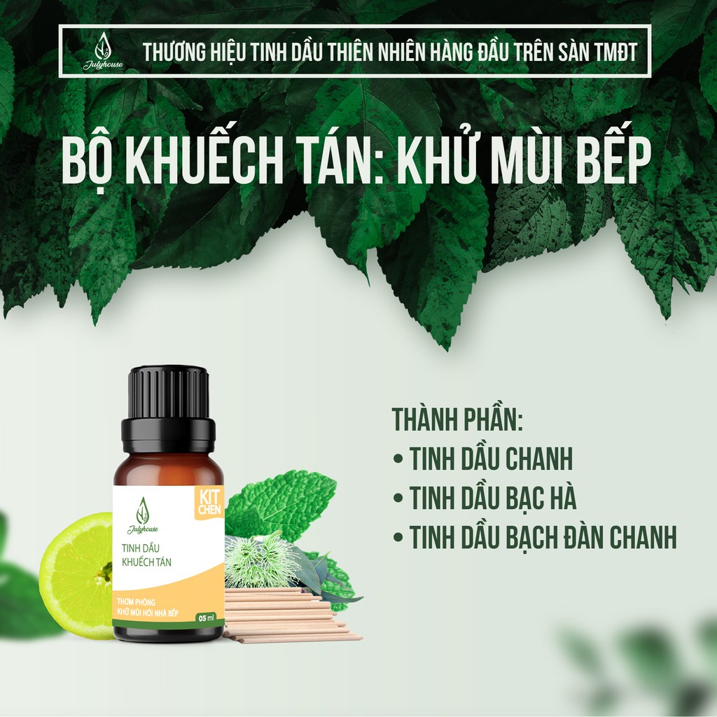 [MỚI] Bộ Khuếch tán hương thơm nhà Bếp khử mùi hôi chiết xuất từ tinh dầu chanh, bạc hà, bạch đàn chanh 5ml JULYHOUSE