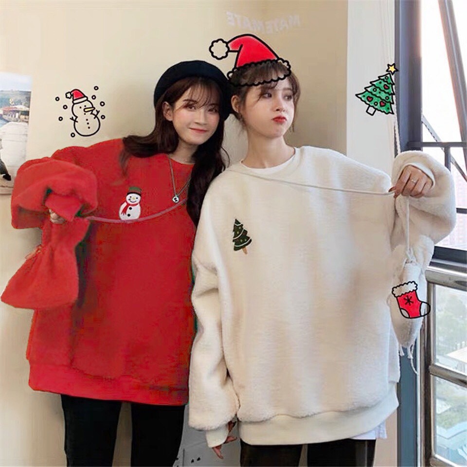 (TẶNG TÚI ĐEO) SET ÁO NỈ BÔNG NOEL COUPLE ĐỎ TRẮNG - ÁO SWEATER Giáng Sinh Cây ...