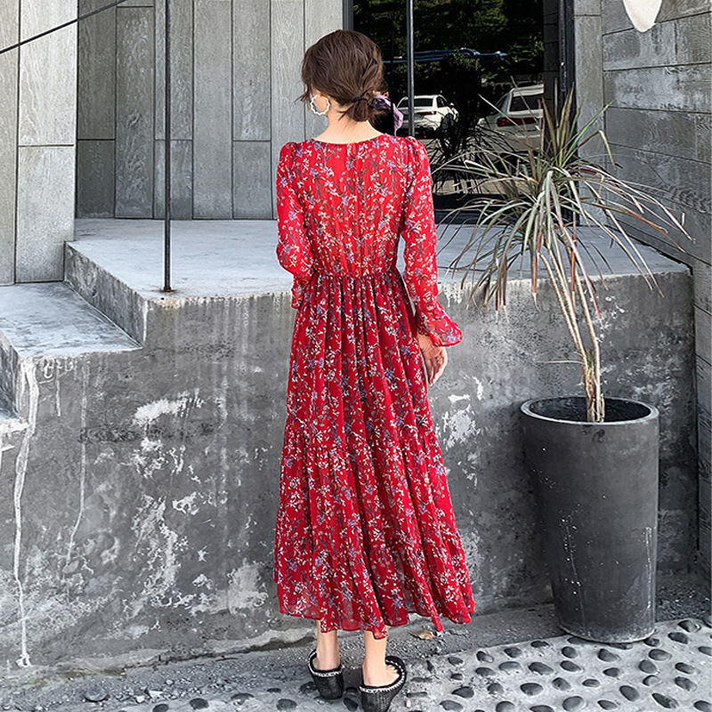 Đầm Nữ Ngắn Tay Cổ Chữ V In Hoa Thời Trang Hàn