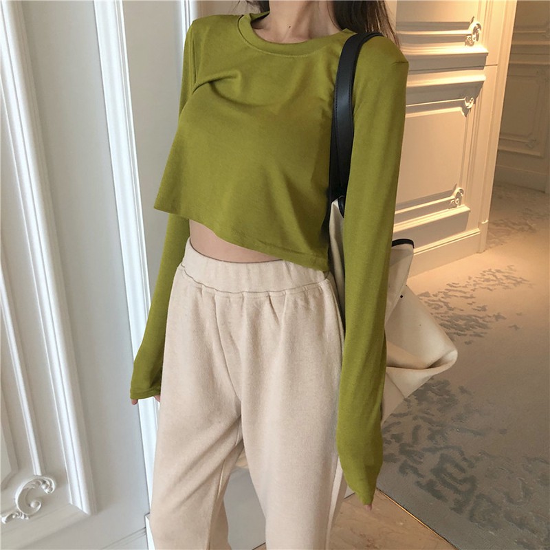 Áo thun trơn cổ tròn dài tay kiểu dáng Hàn Quốc