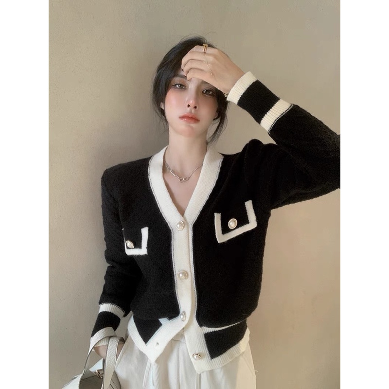 Áo cardigan len mắt lưới Forgirl phối cúc có viền