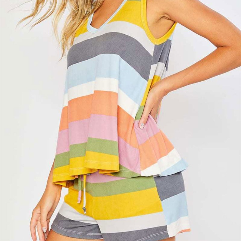Bộ Đồ Ngủ 2 Món Áo Tank Top Sát Nách Phối Quần Short Kẻ Sọc Dễ Thương Cho Nữ