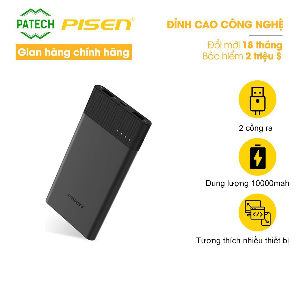 Sạc dự phòng Pisen Bank 2S Pro 10000mAh (Type C, Dual USB )- HÀNG CHÍNH HÃNG