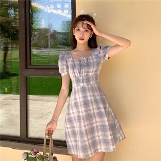 Đầm Chữ A Cổ Vuông Tay Phồng Họa Tiết Kẻ Sọc Ca Rô Thời Trang Mùa Hè Xinh Xắn 0307