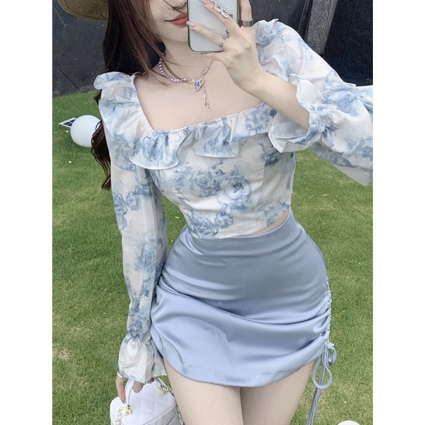 SET ÁO HOA CROPTOP XANH BÈO LƯNG CHUN + CHÂN VÁY XANH RÚT BÊN