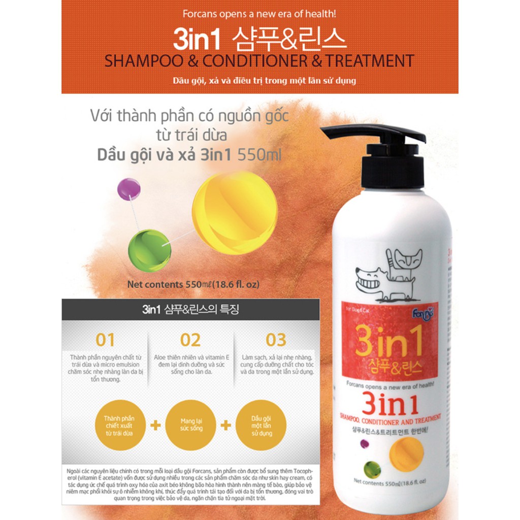 Sữa tắm cho chó mèo 3 in 1 Forcans 550ml, gội xả dưỡng lông hư tổn chó mèo mềm mượt Con Mèo Xiêm Shop