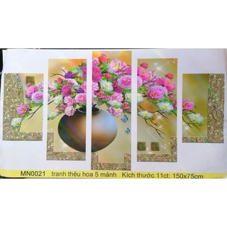 Tranh thêu chữ thập bình hoa mẫu đơn ghép 5 bức (chưa thêu) MN0021