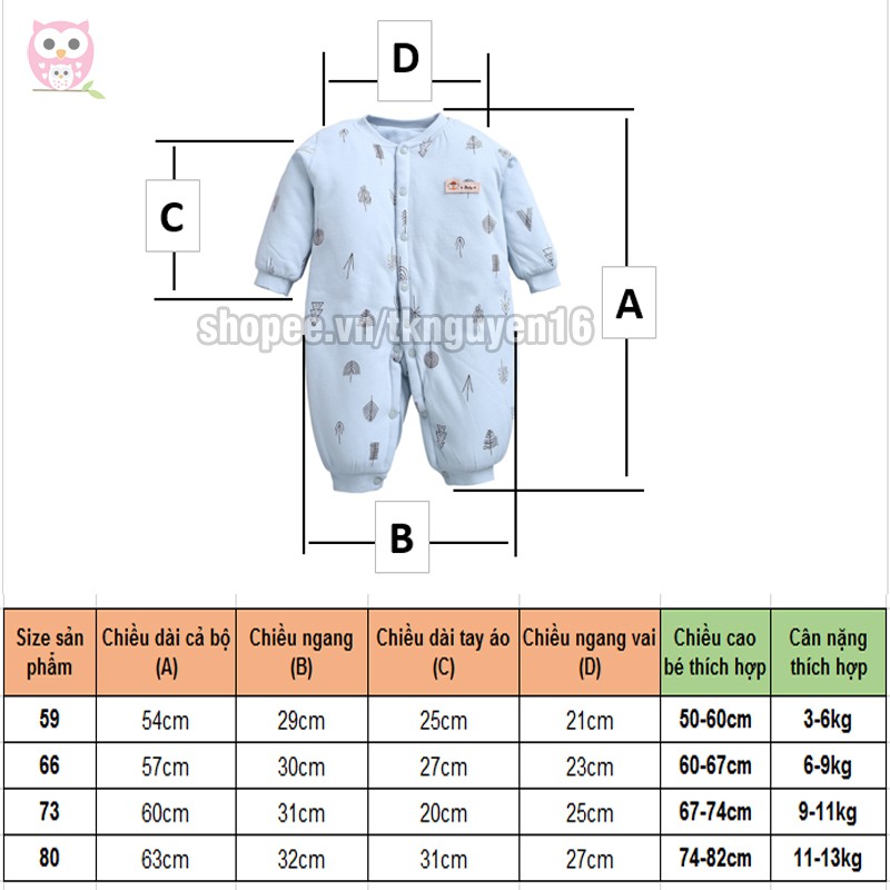 Bộ body bông ủ ấm cho trẻ 0-12 tháng, bộ quần áo thu đông cho trẻ sơ sinh