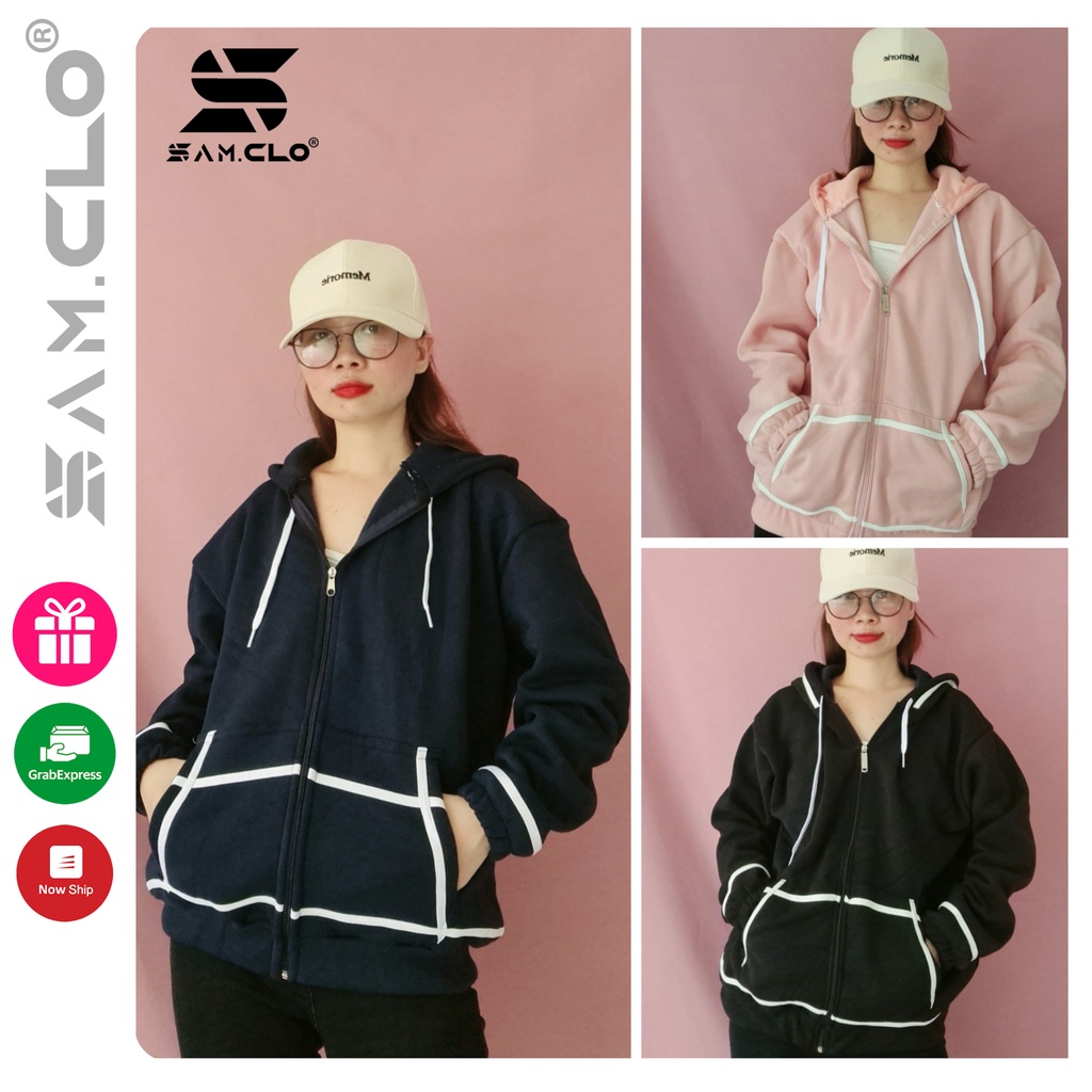 (Dưới 55kg)Áo khoác nỉ SAM CLO có mũ khóa kéo freesize nữ dáng unisex CÓ BO VIỀN TRẮNG