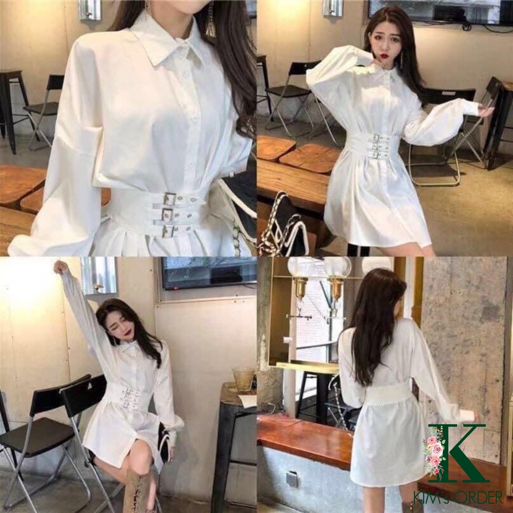 Váy sơ mi phối đai eo loại 1 thời trang cá tính màu đen dài tay dành cho nữ năng động sành điệu phong cách Hàn Quốc