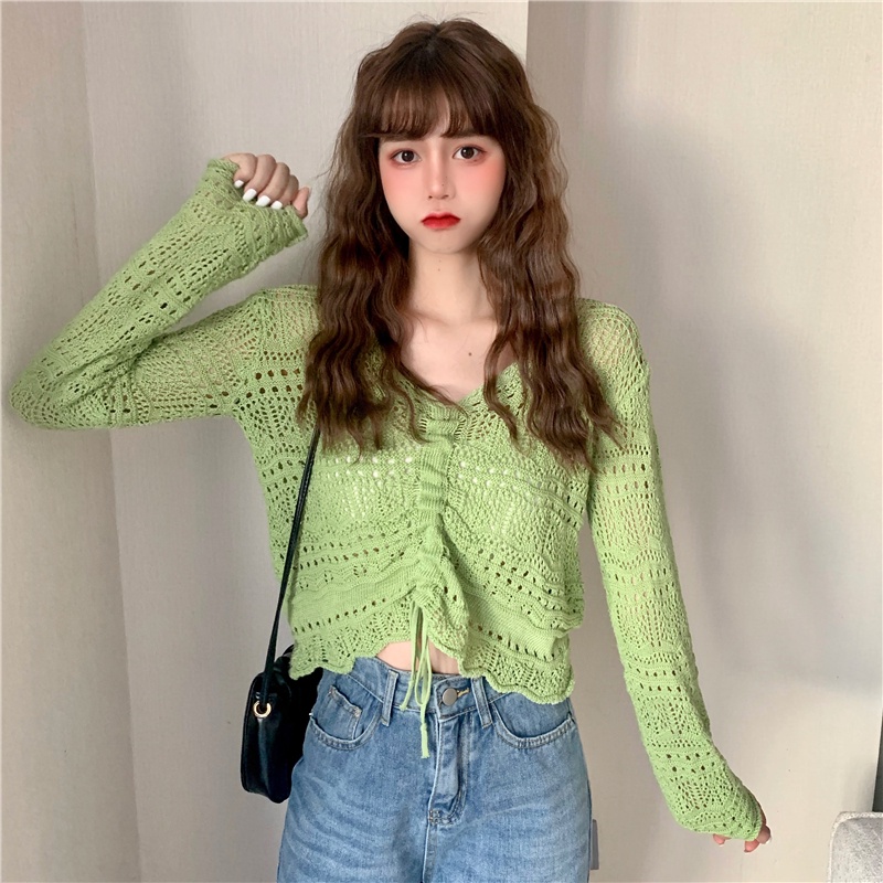 Áo croptop len mỏng dây rút tay dài LEEVA nhẹ nhàng A240