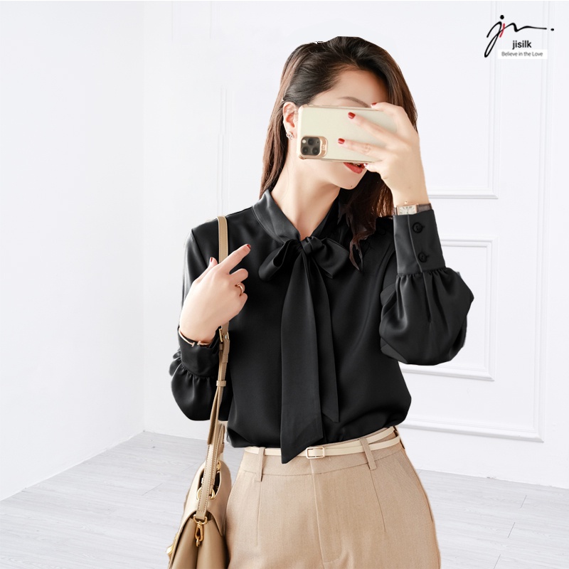 Áo sơ mi kiểu nữ bigsize jisilk form rộng công sở thắt nơ bánh bèo tay phồng Sangrin L.SM2-02