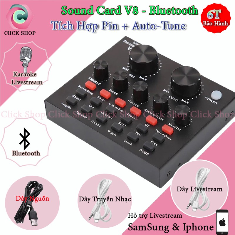 Sound card V8 có bluetooth hỗ trợ auto-tune dùng cho các mic thu âm tích hợp pin bên trong