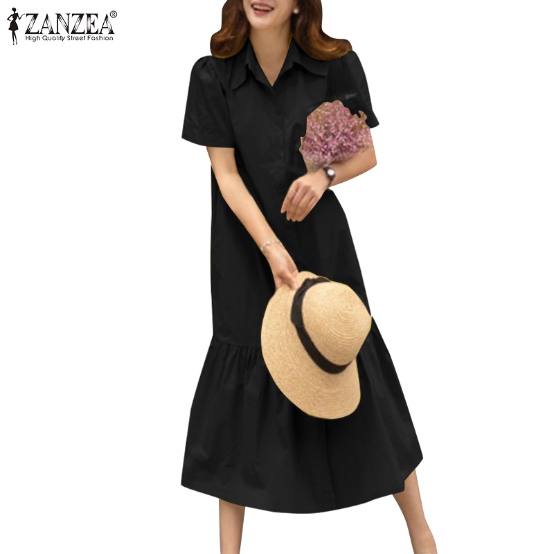 Đầm sơ mi ZANZEA ngắn tay thời trang Hàn Quốc cho nữ