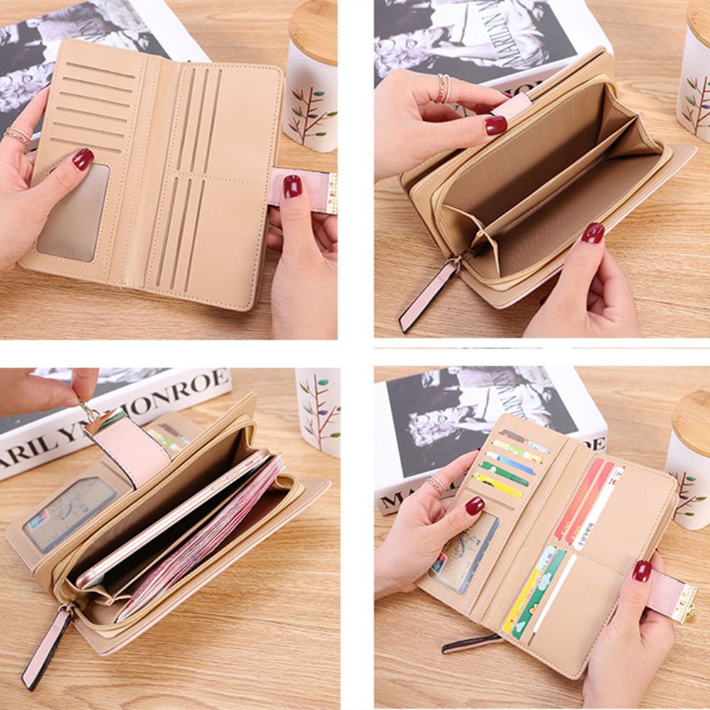 Ví da cầm tay dáng dài có khóa kéo nhiều màu sắc tùy chọn đa năng thời trang dành cho nữ