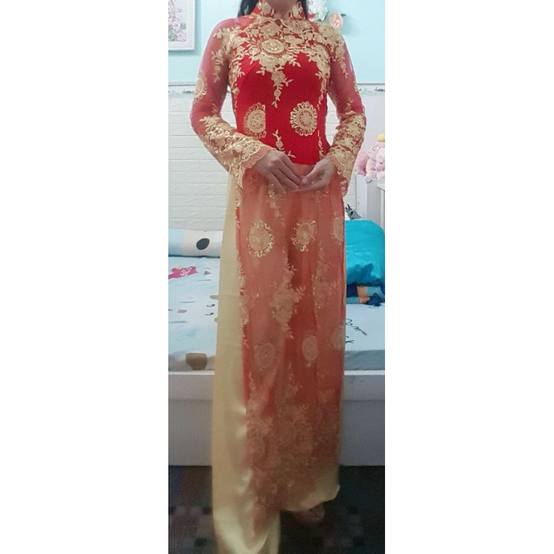 Thanh lý bộ áo dài ren đỏ phối luoi eo &lt;70cm. 72.75cm