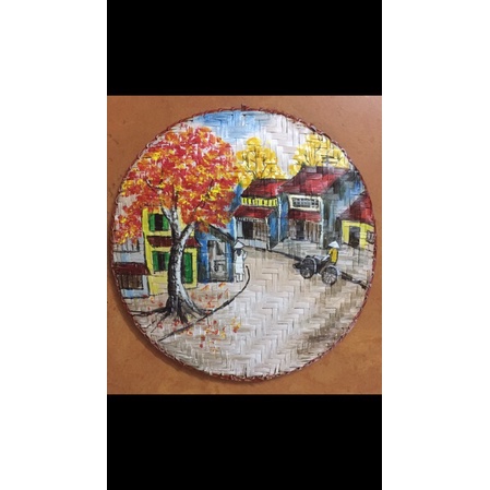 Tranh vẽ Hồ gươm, phố cổ size 45cm trên mẹt tre