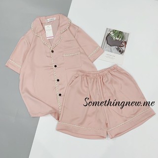 Bộ ngủ pyjama cộc tay quần đùi pizama lụa viền ren siêu xinh
